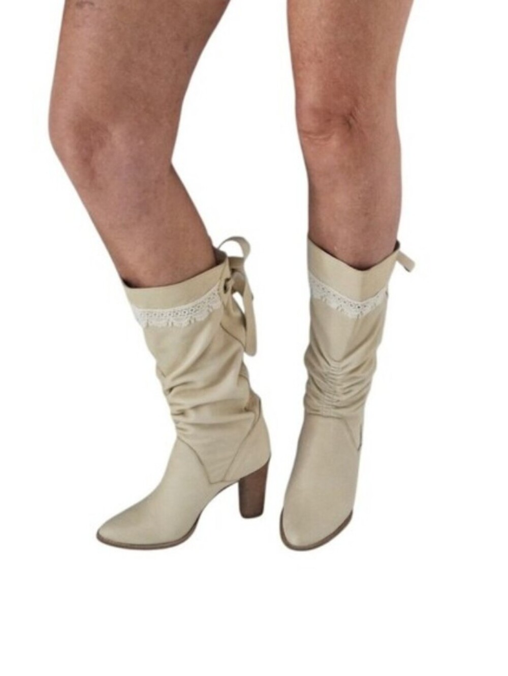 Charles David Beige Lace-Trim Ruched Mid-Calf Heeled Boots